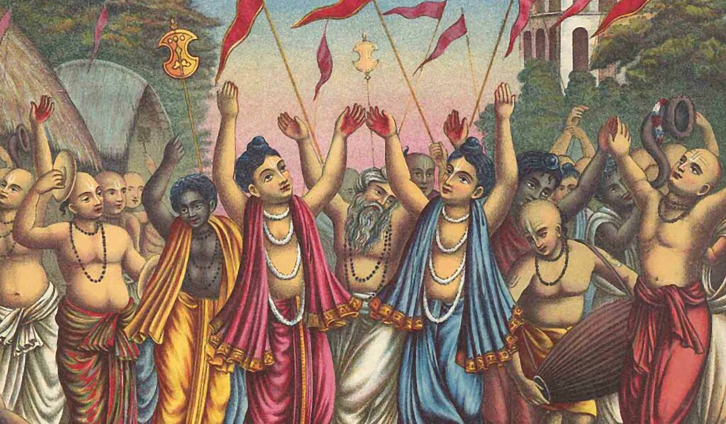 Sri Chaitanya Mahaprabhu dancing through the streets of Nabadwip